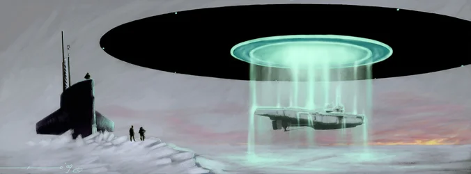 Incontro al Polo Nord tra un sottomarino U-Boot e un disco volante (UFO o alieno) per la restituzione di un sottomarino preso dagli alieni durante la guerra. Disegno di Alessandro Lonati