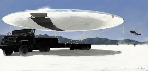 Fenomeni misteriosi: cattura di un disco volante (UFO) dai servizi segreti americani nel deserto del Nevada, Stati Uniti (Disegno di Alessandro Lonati)