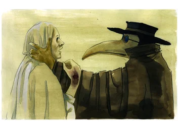 Medico della peste che indossa una maschera a becco riempita di oggetti aromatici davanti a una vittima