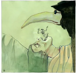 Medico della peste con una maschera a becco riempita di oggetti aromatici davanti a una vittima