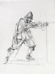 Ritratto di un soldato di vascello del XVII secolo in posizione di tiro