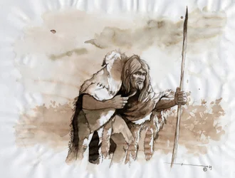 Preistoria: rappresentazione di un uomo di Neanderthal nel Paleolitico medio (Disegno di Alessandro Lonati)
