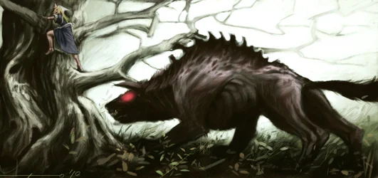 Rappresentazione della leggendaria bestia di Gevaudan che attacca una bambina su un albero (Illustrazione di Alessandro Lonati, 2010)