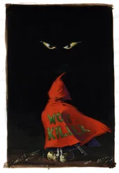 Cappuccetto Rosso rivisitato da Charles Perrault (1628-1703): Cappuccetto Rosso affronta gli occhi del lupo nel buio con un fucile nascosto sotto il suo mantello rosso 