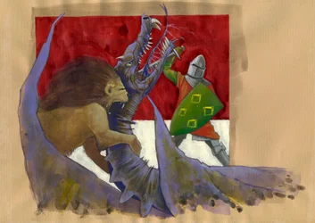 Ivano, il Cavaliere del Leone che combatte il drago Illustrazione di Alessandro Lonati