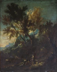 Paesaggio montano con figure pastorali