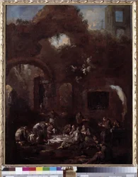 Frati cappuccini a tavola tra le rovine (olio su tela)