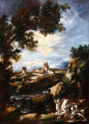 Paesaggio con frati carmelitani che pregano a un santuario lungo la strada