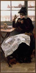 Una donna in nero, che legge il giornale, sorseggiando una tazza di caffè in un bistrot. Dipinto di Alessandro Milesi (1856-1945) Genova Galleria d