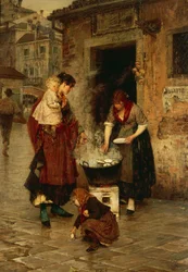 Venditore di vongole a Venezia, di Alessandro Milesi, olio su tela. Italia, XX secolo