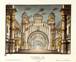 Un tempio al tempo di Gengis Khan Scenografia per il balletto "Genis-Kan" del coreografo italiano Giovanni Galzerani (1828). Litografia in "Raccolta di invenzioni sceniche del 1830 di Alessandro Sanquirico"