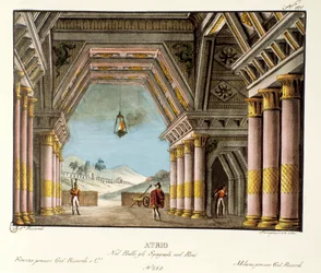 Veduta di una grande sala di palazzo. Scenografia per il balletto “Gli spagnoli nel Perù” del coreografo italiano Giovanni Galzerani (1780-1865) (1828). Litografia in “Raccolta di invenzioni sceniche del 1830 di Alessandro Sanquirico (1777-1849)”. Milanese