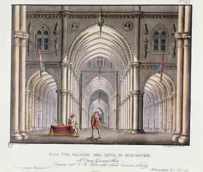 Veduta della sala del palazzo del Duca di Gloucester Scenografia per la rappresentazione dell