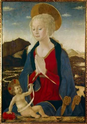 La Vergine con il Bambino. Entrambi indossano aureole dorate. Dipinto su legno di Alessio Baldovinetti (1425-1499) XV secolo