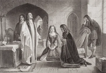 Lord William Russell riceve il sacramento prima della sua esecuzione il 21 luglio 1683, da "Illustrations of English and Scottish History" Volume I (incisione)