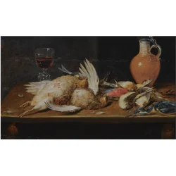 Una natura morta con un pettirosso, un martin pescatore, pernici e uccelli canori, il tutto su un tavolo di legno, insieme a un bicchiere e a una brocca di terracotta