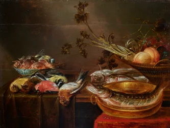 Natura morta con pesci, uccelli e frutta