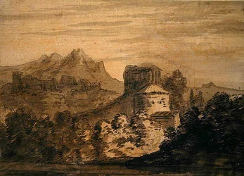 Paesaggio montuoso con edifici in stile italiano