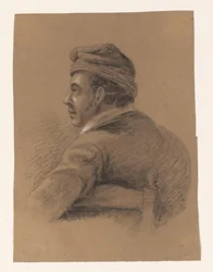 Busto di un uomo seduto di spalle