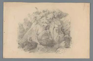 Paesaggio con uomo seduto vicino a una cascata