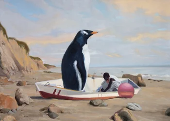 Scena sulla spiaggia con pinguini giganti