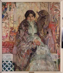 Donna con un gufo reale. Dipinto di Alexander Ivanovich Savinov (1881-1942)
