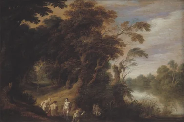 Paesaggio boscoso con ninfe che fanno il bagno