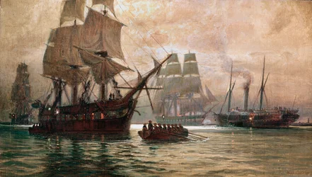 Navi austriache durante il blocco di Venezia ... (dipinto su tela)