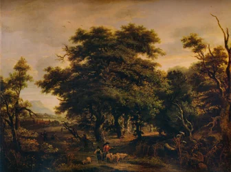 Paesaggio boschivo con figure e pecore, c1805