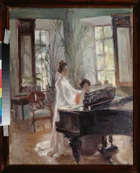 Nel salone di ricevimento - Due donne fanno musica, cantando e suonando il piano - Opera di Alexander Valentinovich Sredin (1872-1934)