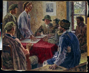 Una riunione del comitato dei contadini poveri nel 1918. Dipinto di Alexander Viktorovich Moravov (1878-1951)