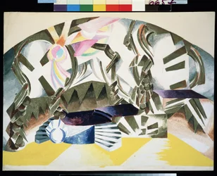 Scenografia preparatoria per la pièce Romeo e Giulietta di William Shakespeare (1564-1616). Descrizione astratta, con scale. Opera di Alexandra Alexandrovna Exter (1882-1949), gouache su cartone