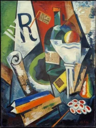 Natura morta con libri e coppa di frutta