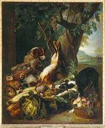 Gibier mort, legumes, fruits et deux chiens - Selvaggina morta, legumi, frutta e due cani ...