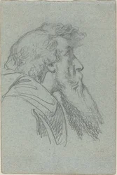 Uomo Barbuto che Guarda in Alto / Figura Incappucciata con Braccia Alzate