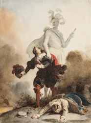 Don Giovanni e Leporello incontrano la statua del Commendatore al cimitero