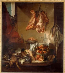 Interno di cucina con natura morta di selvaggina, frutta e carne. Dipinto di François Desportes (1661-1743), XVIII secolo. Châlons-sur-Marne, Museo delle Belle Arti