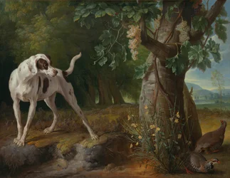 Cane che Punta le Pernici in un Paesaggio