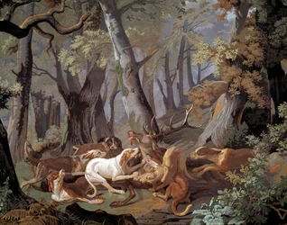 Caccia al cervo, carta da parati Dussy dopo un dipinto di Alexandre-François Desportes (1661-1743). 1851. Parigi, Arti Decorative