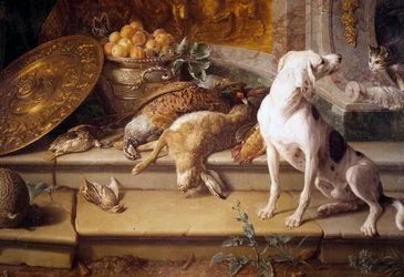 Natura morta con cane da caccia, selvaggina (lepre, fagiano, pernice) (dettaglio)
