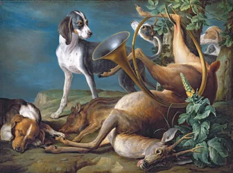 Natura morta con selvaggina morta e cani da caccia, 1730