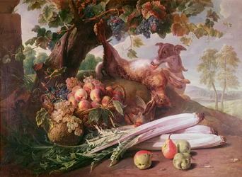 Natura morta di fiori, selvaggina e frutta