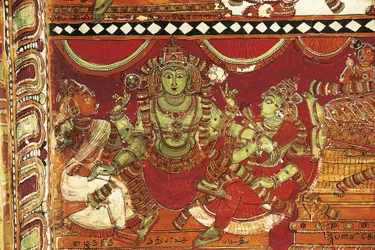 Visnu, dettaglio dagli affreschi che raffigurano la vita di Shiva nel santuario per Parvati, tempio di Nataraya, Chidambaram, Tamil Nadu, India, V secolo