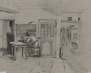 Interno di una fattoria con un ragazzo a un tavolo, c. 1846