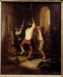 Le campane. Uomini tirano la corda per suonare le campane. Pittura di Alexandre Gabriel Decamps (1803-1860)