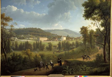 Veduta del villaggio di Jouy en Josas (Jouy-En-Josas) con la fabbrica fondata nel 1785 da Oberkampf (1738 - 1815). Dipinto di Alexandre Dunouy (1757-1841)