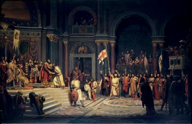 Prima crociata: Goffredo di Buglione (1061-1100), duca della Bassa Lorena, presta giuramento di fedeltà all