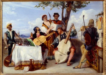 I musicisti veneziani da concerto (violoncello, liuto, violino) e i cantanti su una terrazza sono serviti da un domestico nero. Dipinto di Alexandre Hesse (1806-1879), XIX secolo, Nantes, Museo delle Belle Arti