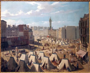 Accampamento di truppe, sul Boulevard du Temple a Parigi, durante le giornate di giugno 1848. Dipinto di Josquin (?), olio su tela, arte francese