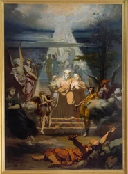 La scala di Giacobbe, Giacobbe, avendo lasciato la sua terra, si addormentò e sognò una grande scala. Dipinto di Alexandre Laemlein